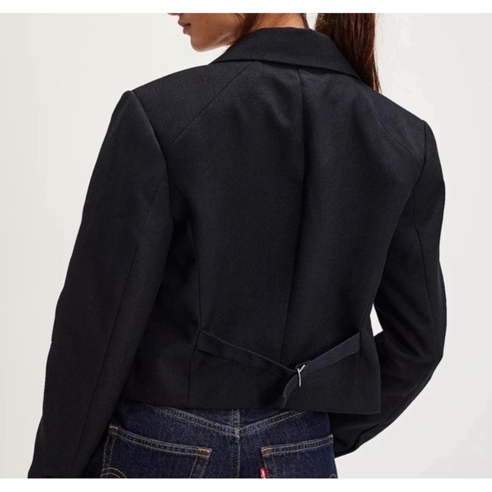Free People Double Breasted Blazer Jacket Navy Cropped Boxy XL Minimalist - Picture 3 of 9